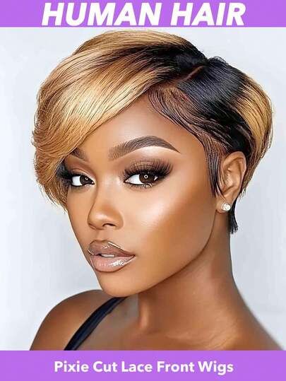 Women's Short Pixie Cut Lace Front Wig -Brazilian Human Hair Wig With Transparent 13x4x1 T-Part Lace, 180% Density, Straight Style, Suitable For All - Party Wear , 4 Inch Multicolor (Natural Black#1B #1B27 #1B30 #1BBUG)
