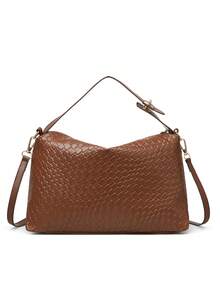 新款女士编织纹理PU斜挎包，可作单肩包或手提包使用，适合日常通勤、旅行和购物，用途广泛。 - 咖啡 - 查看 7