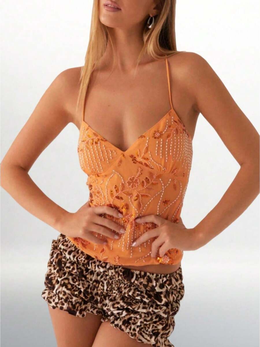 Women Y2k Sequin Beaded Cami Top Sparkly Floral Open Back Spaghetti Strap Crop Tank Top Sexy V Neck Camisole Summer Backless Pearl Embellished Shirts Going Out Tops Beach Vacation Party Clubwear Fairy Grunge Retro Aesthetic Clothes Streetwear - trái cam - Xem 1