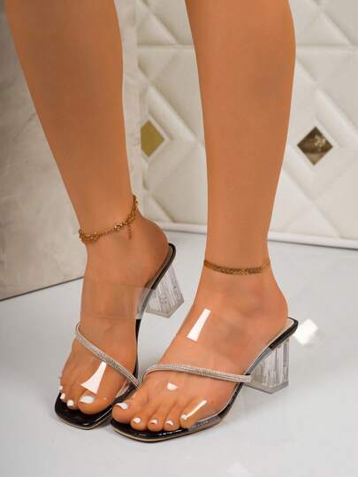 2026 New Fashion Versatile Crystal Embellished Transparent Chunky Heel Strap Slide Sandals For Women, Summer