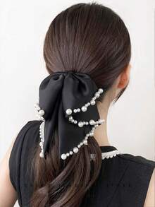 1pc French Pearl Ribbon Bow Elegant Hair Claw Clip, Chic Ponytail Clip For Updo Hairstyle - Black - View 5