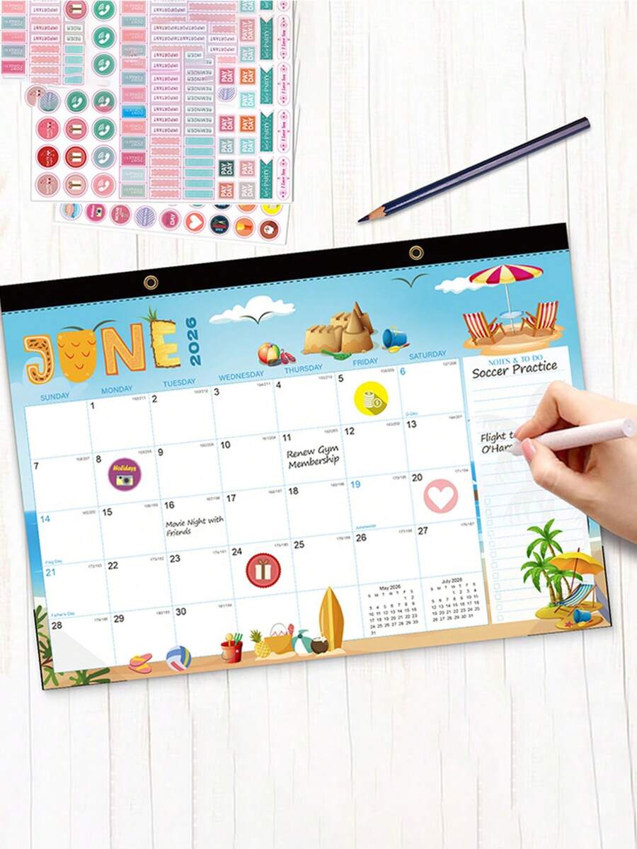 1 pieza Calendario de escritorio multifuncional de inglés con diseño de dibujos animados creativos 2026-2027, calendario de pared de bricolaje de moda - Multicolor - Ver 1