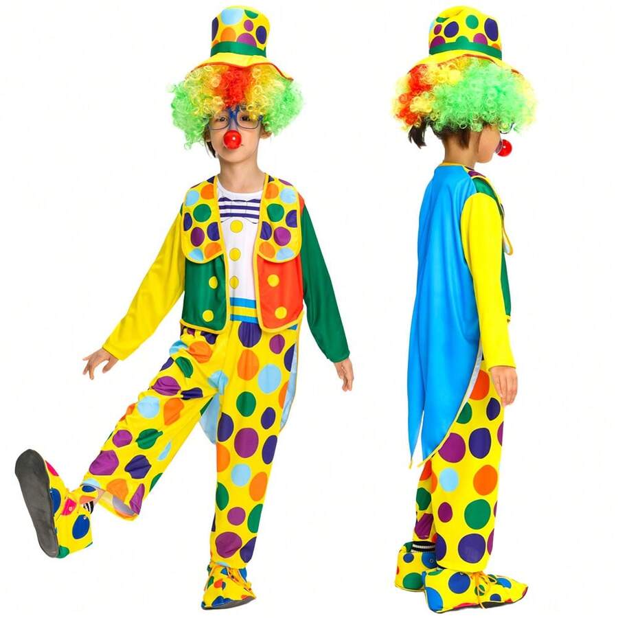 Trang phục chú hề Halloween cho trẻ em trai và gái, trang phục biểu diễn, tiệc sinh nhật, cosplay, phụ kiện không bao gồm tóc giả, mũi và giày.