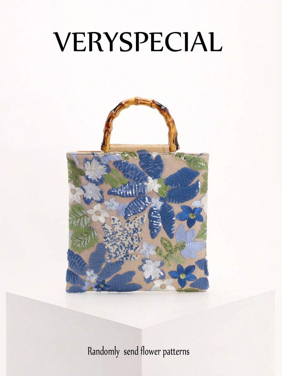 Fashionable Colorful Sequin Contrast Mesh Embroidered Jacquard Elegant Lady Bamboo Handle Tote Bag, Linen Handbag For Party & Holiday, Floral Pattern Randomly Sent