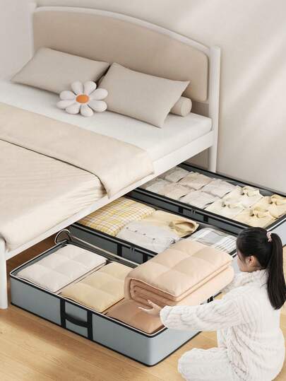 1个节省空间的床底收纳盒，配有顺滑的双拉链，可堆叠折叠，适用于卧室、宿舍和衣柜，非常适合存放毯子、床单和毛巾。