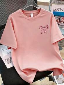 1pc Cute Personalized Bowknot Graphic T-Shirt For Teenage Girls, Soft Comfortable Fabric, Casual Outdoor Wear - Pink - View 2