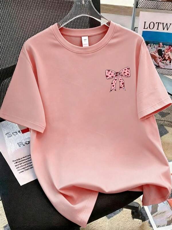 1pc Cute Personalized Bowknot Graphic T-Shirt For Teenage Girls, Soft Comfortable Fabric, Casual Outdoor Wear