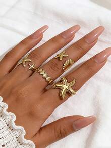 4pcs/Set Creative Starfish & Shell Design Adjustable Rings, Multi-Layer Stacking Rings, Elegant Beach Vacation Jewelry Accessories, Suitable For Summer Beach Party, Vacation, Bikini Outfit - Ideal Holiday Gift For Women - Yellow Gold - View 5