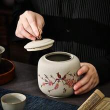 1个复古暖黄色加厚陶瓷茶叶罐，防潮便携密封储物罐，家居装饰罐，适合餐桌和办公室使用，送给父亲/丈夫的绝佳礼物，茶具的完美搭配，陶瓷干果密封罐，返校季必备 - 彩色 - 查看 6
