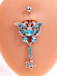 1pc Sexy Elegant High-End Beach Ocean Style Unique Butterfly Heart Wing Blue Zirconia Stainless Steel Navel Ring, Suitable For Daily, Beach, And Holiday Wear - Multicolor - View 15