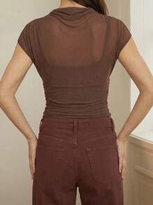 女士半透明立领无袖针织露脐上衣，略带弹性，时尚设计 - 棕色 - 查看 5