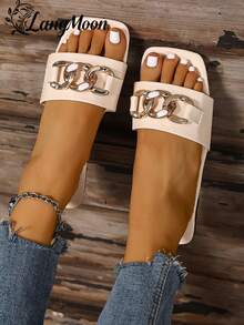 LangMoon 2026 New Beige Metal Chain Square Toe Flat Sandals For Women, Minimalist Solid White Upper + Luxury Dual Chain Rhinestone Decor, Soft Sole Non-Slip Comfortable, Versatile For Vacation, Commute, Shopping, Party, Dating, Spring/Summer Slip-On - Beige-l7 - View 5