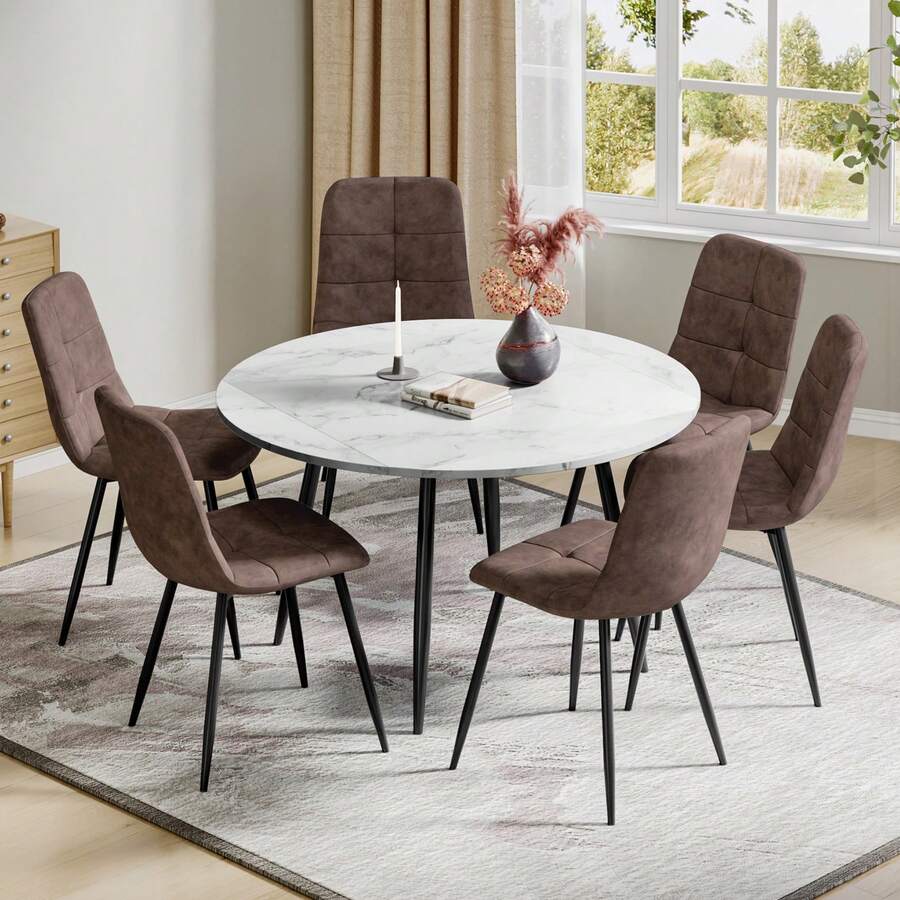 Dining Table And Chairs Set Of 4, Extendable Round Table Concrete Effect Folding Table With Upholstered Linen Chairs For Dining Room,Kitchen - Marble Decorative Table + Technical Fabric Palm Chair - View 1