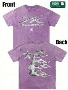 Men's And Women's Printed Pattern Washed T-Shirt - Casual Loose Summer T-Shirt With Star And Flame Design, Adult Brown 100% Pure Cotton Round Neck Shirt, Breathable T-Shirt |   Avant-Garde Casual Wear |   100% Pure Cotton Printed T-Shirt, Anti-Wrinkle Cotton T-Shirt - 紫色 - 查看 1