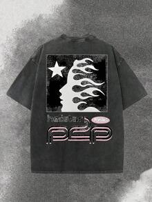 Men's Printed Pattern Washed T-Shirt - Casual Loose Summer T-Shirt With Star And Flame Design, Adult Brown 100% Pure Cotton Round Neck Shirt, Breathable T-Shirt |   Avant-Garde Casual Wear |   100% Pure Cotton Printed T-Shirt - Black 2 - 查看 3