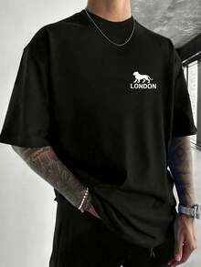 Men's 100% Cotton Double-Sided Print T-Shirt, LONSDALE London Lion Letter Print T-Shirt, 200g Premium Cotton Vintage Brand T-Shirt, Men's T-Shirts, Daily Wear Summer T-Shirts, Beach Essential, Festival Gifts, Perfect Gift, Street Hip-Hop Style For Men And Women - 黑色 - 查看 2