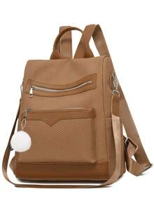Backpack With PU Pom-Pom Decoration, Multifunctional Fashion Backpack For Women, Handbag, Shoulder Bag, Large Capacity, Multiple Pockets, Multi-Layer, Short Travel Bag - Brown - View 3