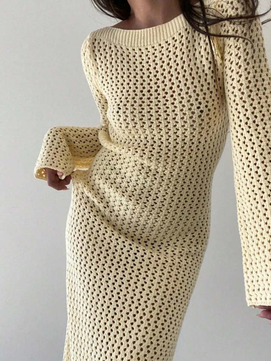 Vestido Longo de Suéter Boho Feminino de Crochê e Tricô Vazado, Manga Longa com Costas Abertas e Amarração Traseira, Vestido Bodycon Tipo Cobertura para Praia, Vestido Vazado para Férias na Primavera, Verão e Outono, Roupa para Festa na Praia - Bege - Visão 1