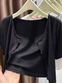 女士不对称纽扣针织开衫，长袖轻薄披肩领外套，黑色/白色/灰色/粉色可选，适合搭配连衣裙 - 羅紋披肩 - 查看 37