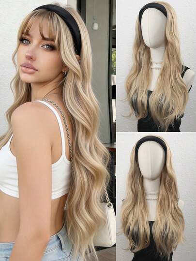 26英寸黑色发箍长卷发，带发箍 - 半头假发，带发箍，一体式发箍假发设计（可拆卸），日常佩戴简单方便，增加头发长度和蓬松度，耐热合成纤维假发（可选颜色：自然黑、浅棕、金色）