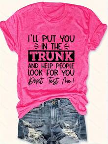 Plus Size Women Funny Slogan Crew Neck T-Shirt, I Will Put You In The Trunk Print, Stretchy Short Sleeve Casual Top, Machine Washable White Top, Womens T Shirt, Humorous Graphic,   For Women - 黑色 - 查看 8