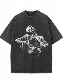 Plus Sizes M-5XL,Men's Retro Washed Black Loose T-Shirt, 230g Pure Cotton, Skull Print, Multifunctional Crew Neck Short-Sleeve Men's T-Shirt,  And Personalized Street Style, Spring And Summer Men's Fashion Top - 黑色 - 查看 3