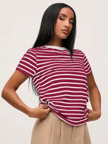 SHEINBASICSS Striped Print T-Shirt/Summer - 酒紅色 - 查看 3