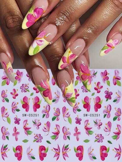 2 Sheets 3D Flower Petal Nail Art Stickers Pink Purple Flower Petal Designs French Manicure Cute Nail Decals For Women DIY Self-Adhesive Stickers Nail Art Decoration