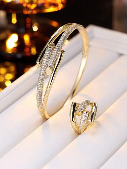 2pcs Luxury Geometric Bracelet & Ring Set, Niche Design Elegant Jewelry Accessories, Suitable For Daily Wear