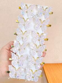 12个/套水钻渐变蝴蝶发夹，绚丽的渐变色搭配闪亮亮片，在灯光下熠熠生辉。金色夹子设计，精致小巧——适合女孩和女士佩戴，日常必备，无论休闲还是派对，都能让你成为焦点。发饰，头饰，发夹 - 彩色 - 查看 7