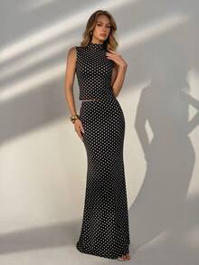 女士优雅黑色波点印花立领吊带背心+修身超长裙两件套，春夏休闲度假装 - 黑色 - 查看 1