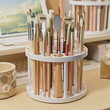 360 Degree Rotating Brush Holder - Shiny Plastic Lining, Suitable For Art Brushes, Cosmetics And Stationery, Compact White Desktop Organizer - Multicolor - View 5