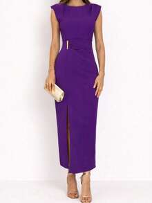 Women's Tailored Midi Dress With Elegant Slit – Formal Dress For Parties, Weddings, And Events - Màu tím - Xem 2