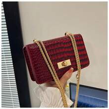 Faux Leather Solid Color Crocodile Embossed Fashion Mini Chain Crossbody Bag - Burgundy - View 7