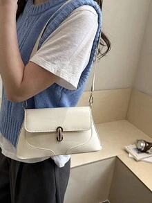 Nova Bolsa de Ombro com Fivela Decorativa de Hardware de Cor Sólida na Moda, Bolsa Feminina Quadrada de Couro Macio e Liso, Adequada para Compras, Carteiras, Compras, Jovens Mulheres, Estudantes Universitários, Novos Ingressantes e Profissionais de Escritório. São muito adequadas para escritórios, universidades, trabalho, negócios, deslocamentos, atividades ao ar livre, viagens e passeios. - Branco - Visão 3
