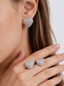 新款欧美风铜质微镶锆石心形耳钉，女士结婚周年纪念礼物 - 彩色 - 查看 11