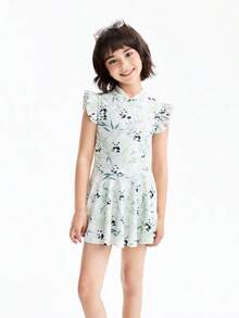 Annil [Có mũ bơi] Bộ đồ bơi trẻ em kiểu Trung Quốc mới, kiểu váy liền thân cho bé gái, đồ bơi co giãn cao, đồ bơi đi biển. - Hoa màu trắng và xanh - Xem 1