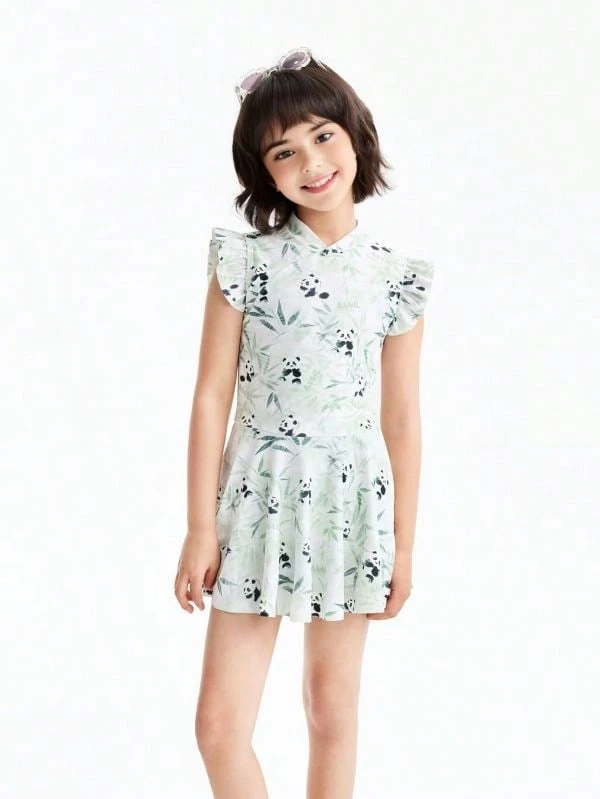 Annil [Có mũ bơi] Bộ đồ bơi trẻ em kiểu Trung Quốc mới, kiểu váy liền thân cho bé gái, đồ bơi co giãn cao, đồ bơi đi biển. - Hoa màu trắng và xanh - Xem 1