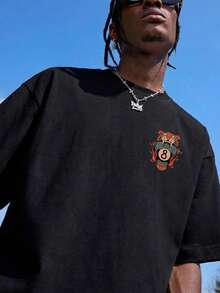 Men's Leopard Print & Flame Pattern Loose Fit T-Shirt, Casual Street Hip Hop Style Double-Sided Graphic Retro Tattoo Soft Touch, Summer - Black - View 4