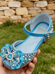 1 par de zapatos de fiesta para niñas con lazo decorado de purpurina morada, parte superior brillante, tacón bajo, correa ajustable, adecuados para fiestas, cumpleaños y ocasiones especiales - Azul - Ver 1
