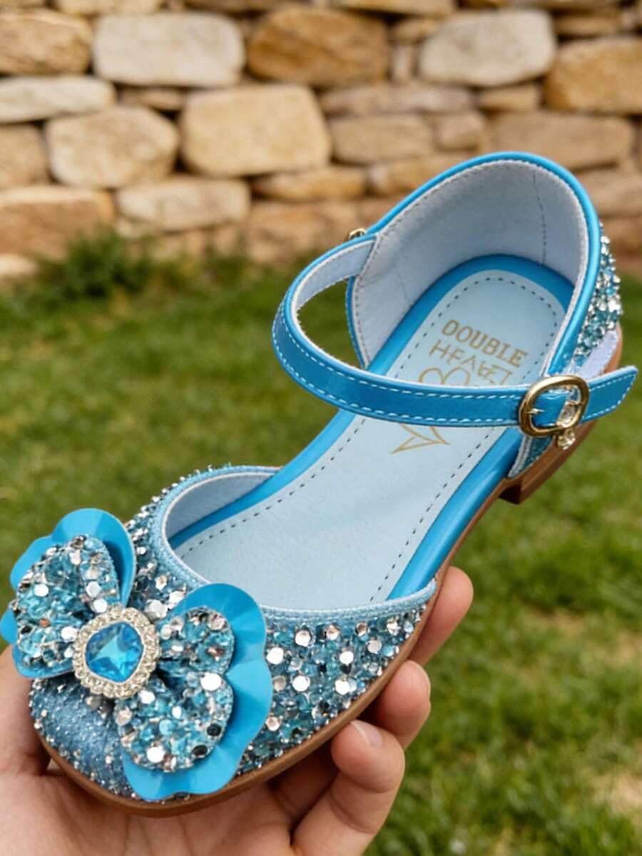1 par de zapatos de fiesta para niñas con lazo decorado de purpurina morada, parte superior brillante, tacón bajo, correa ajustable, adecuados para fiestas, cumpleaños y ocasiones especiales - Azul - Ver 1