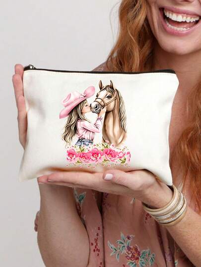 牛仔女郎骑马图案化妆包，可重复使用，采用西部牛仔女郎亲吻骏马的升华印花设计，轻便，化妆品和洗漱用品收纳包，拉链化妆包，轻便零钱包，洗漱包，储物包，旅行配件，购物佳品，用途广泛，可用于收纳化妆品、化妆刷、配件，新年、情人节、斋月礼物