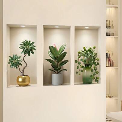 Bộ trang trí hốc tường 3D, decal dán tường hình chậu cây sang trọng, decal trang trí phòng tắm tự dính chống thấm nước, tranh dán tường trang trí nhà cửa, phòng khách, hành lang.