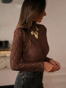 2026 Spring/Summer New Women's Lace Sheer High Neck Fitted Long Sleeve Top, French Retro Style, Suitable For Work And Dates, Lace Undershirt - Chocolate Brown - View 2