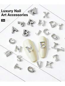 Bộ 26 chữ cái đính đá bạc từ A-Z dùng làm trang sức móng tay, phụ kiện trang trí móng tay nghệ thuật cao cấp bằng đá bạc, phù hợp cho móng acrylic và gel, phụ kiện chữ cái đính đá lấp lánh cho tiệm nail và tự làm tại nhà. - Bạc - Xem 4