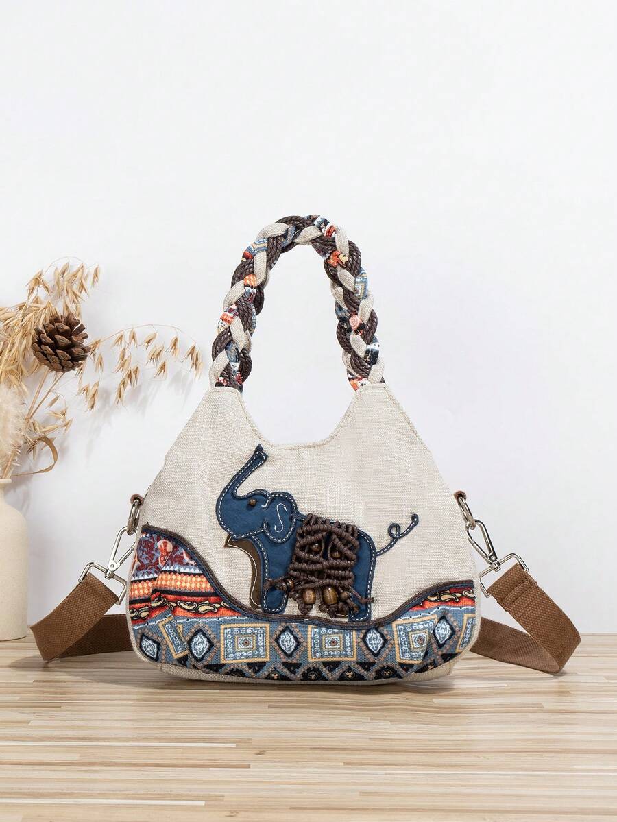 1 chiếc (cắt ngẫu nhiên) Túi xách tay/đeo vai hình voi dệt thủ công phong cách Bohemian, đa chức năng, nhiều ngăn, có thể dùng làm túi xách tay hoặc túi đeo chéo 2 trong 1. - Màu be - Xem 1