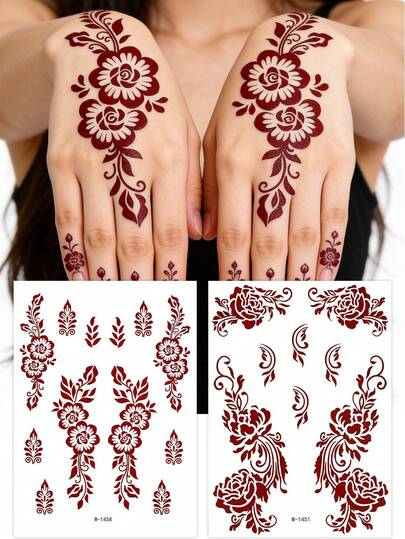 2 Sheets Vermilion Red Henna Temporary Tattoo Stickers, Waterproof Long Lasting Henna Tattoos, Rose Vine&Floral Design, For Women And Girl, Fake Tattoos, Henna Body Art, Hanna Tattoo Sticker