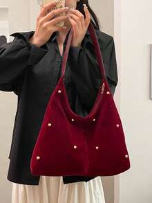 Túi xách thời trang mới, túi tote phong cách nữ tính, túi đinh tán, túi đeo chéo nhung cá tính dành cho nữ đi làm. - Màu Đỏ Sâu - Xem 8