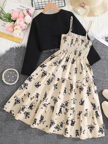 Parte superior de manga larga y vestido de tirantes finos con estampado floral para niñas preadolescentes, primavera/otoño - Negro - Ver 2