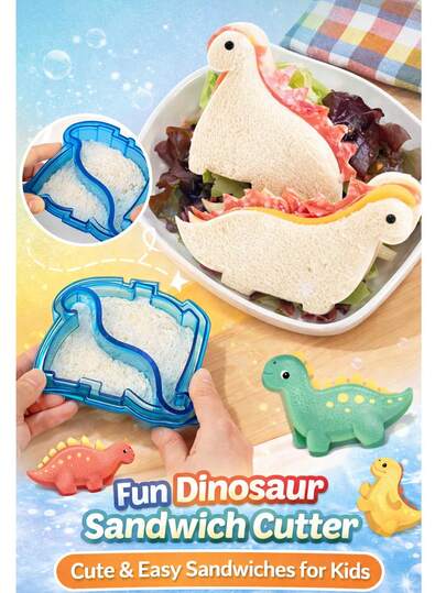 4件套恐龙三明治切割器套装，塑料面包模具，可切割吐司等多种形状，DIY可爱三明治制作器，适合制作便当和学校餐食，创意食物造型工具，可用于制作面包、吐司和零食，轻松制作三明治，厨房小工具，适合家庭使用，非常适合国庆节、浴室、头部按摩、返校、旅行度假和日常生活，也是送给家人和朋友的节日礼物。
